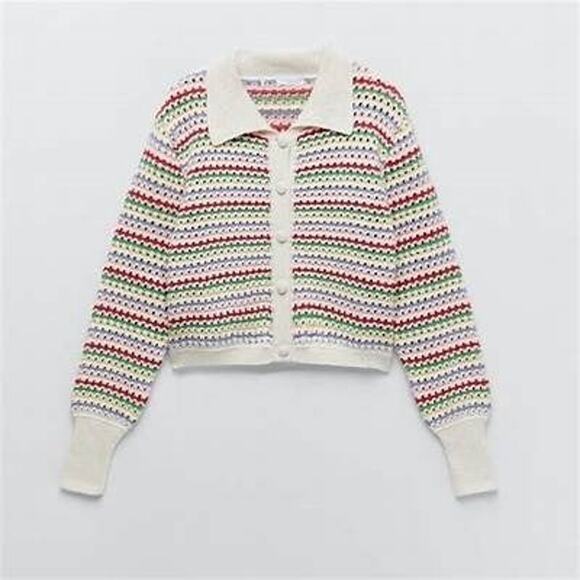 ZARA Chunky Knit Multicolor Rainbow Stripe Knit Cardigan Sweater Size L - Picture 1 of 10